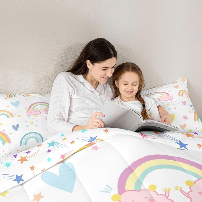 Erosebridal Rainbow Comforter Set 3Pcs, Kawaii Cartoon Cloud Quilt Iridescent Queen for Kids Girls Women Teens, Love Heart Duvet Insert Hand Drawn Style Down Comforter Girly Bedroom Decor,Colorful - Image 5