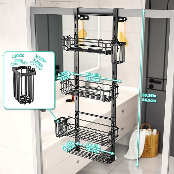HapiRm Over the Door Shower Caddy - 4-Tier Hanging Shower Organizer with 22 Hooks and 2 Toothbrush Holders, No Drilling Adjustable Hanging Shelves for Bathroom - Black - Image 5