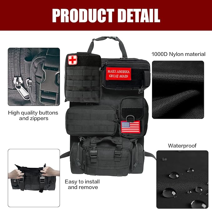 Tactical Car Seat Back Organizer,Tactical Molle Seat Back Organizer with 5 Detachable Molle Pouch,Velcro Label Can Be Removed,Universal Fits for Car Truck Jeep Vehicle - Image 4