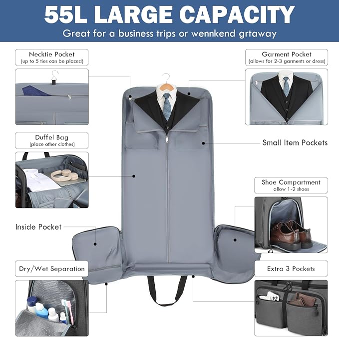 Convertible Garment Duffle Bags for Travel, Garment Bag with Shoe & Laptop Compartment, 2 in 1 Carry on Suit Garment Bags for Men Women, All in One Hanging Suit Travel Bag for Airplanes, 55L - Image 3