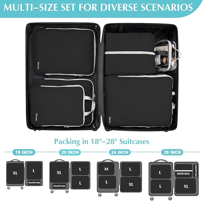 Gonex Compression Packing Cubes, 6pcs Expandable Storage Travel Luggage Bags Organizers with Shoe Bag, Clear Toiletry Bag (Black) - Image 6