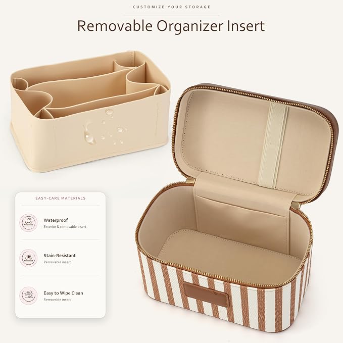 Makeup Bag Travel Toiletry Leather Cosmetic Case, Waterproof Makeup Organizer with Brush Holder, Wipe Clean Removable Divider Vanity Train Bag for Women, Caramel Brown - Image 2