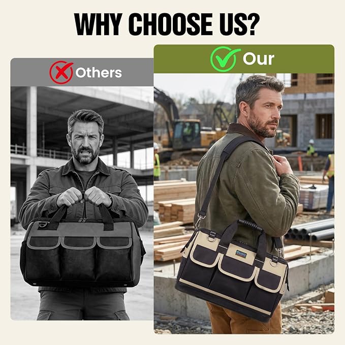 Tool Bag, Ounic 18 Inch Large Tool Tote Bag Heavy Duty With Waterproof Molded Base, Wide Mouth Tool Box Organizer with Adjustable Shoulder Strap for Electrician Mechanic Craftsman Plumbers(Coffee) - Image 7