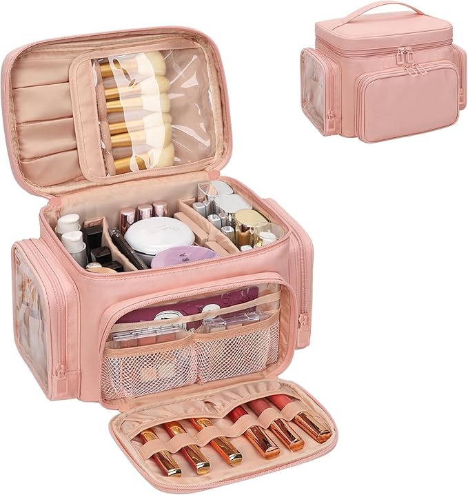Bagmoly Large Makeup Bag, Portable Travel Makeup Bag Organizer for Women Girls with Makeup Brush Compartment & Two Side Pockets, Cosmetic Travel Bag Vertical Storage Toiletry - Pink by OrganizeYourMakeup