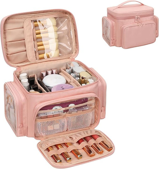 Bagmoly Large Makeup Bag, Portable Travel Makeup Bag Organizer for Women Girls with Makeup Brush Compartment & Two Side Pockets, Cosmetic Travel Bag Vertical Storage Toiletry - Pink by OrganizeYourMakeup