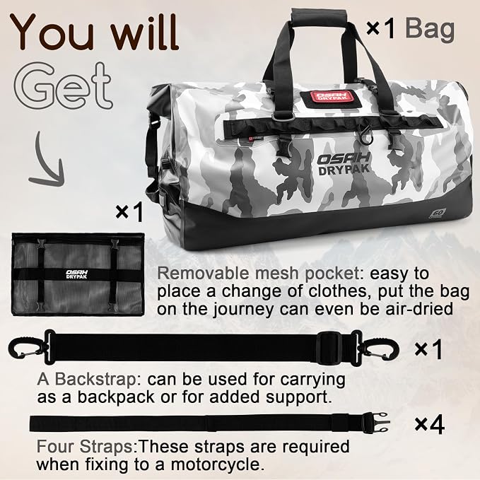 OSAH DRYPAK Waterproof Duffel Bag 25L/40L/60L – Heavy-Duty Motorcycle Tail Bag, Roll-Top Dry Bag for Travel, Camping, Boating, Kayaking, Outdoor Adventure - Image 8