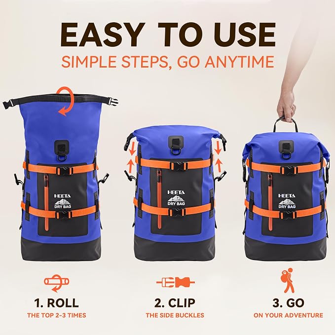 HEETA Dry Bags Waterproof Backpack 40L for Men & Women, Roll Top Heavy Duty Cushioned Hiking Backpack for Kayaking Boating Paddle Boarding Fishing Travel Camping Beach Vacation Cruise Ship Essentials - Image 3