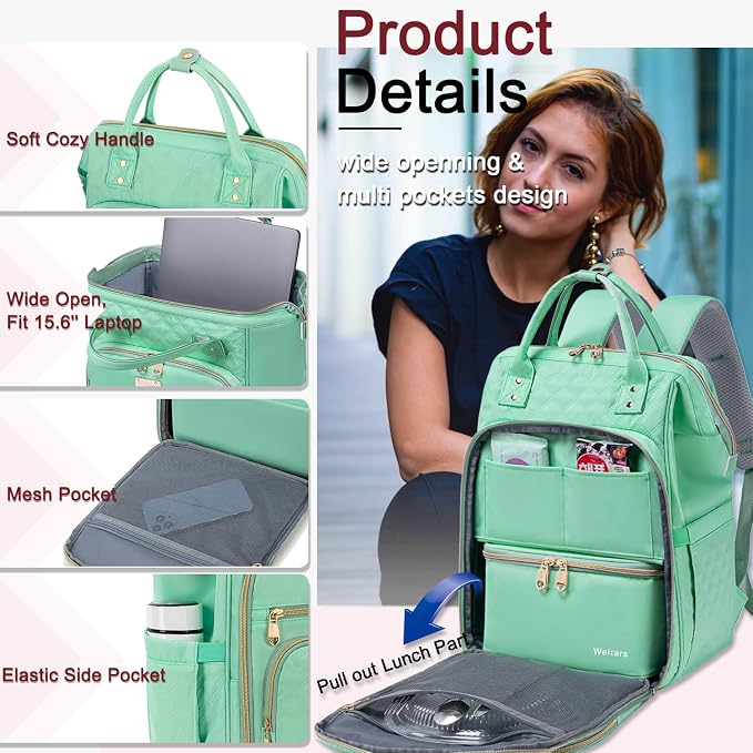 Weitars Lunch Backpack For Women,15.6 Inch Laptop Backpacks For Womens Back pack, Travel Backpacks,Work Backpack For Women (LightGreen) - Image 7