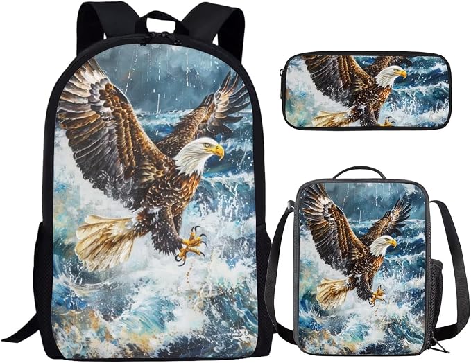17 Inch Animal Print School Backpack And Lunch Box Set for Kids Lightweight Aesthetic Bald Eagle Backpack for Boys Girls Sturdy School Bag with Insulated Lunchbox Pencil Case Student Bookbag by Parprinty