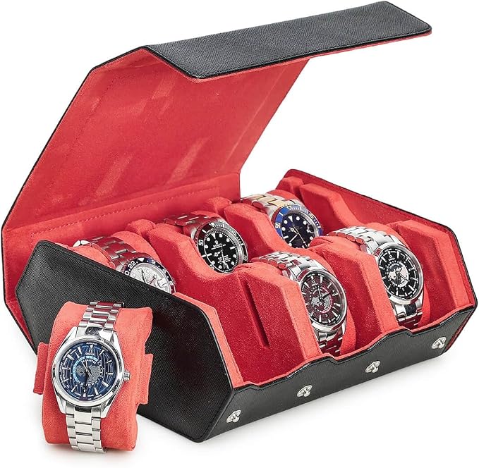 Hiram Genuine Leather Hexagon Watch Roll Travel Case, Leather 6-Watches Roll Case with Removable Pillow Cushion for Treasured Watches and Bracelets -Black Orange by Hiram