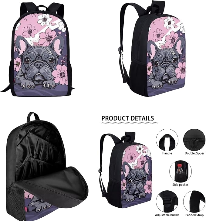 French Bulldog Backpack and Lunch Box for Girls 6-7/7-8 Floral Kids Bookbag with Lunch Bag Set 4PCS Elementary School Back Pack Lunchbox Pencil Case Water Bottle Holder Preschool Book Bags - Image 2