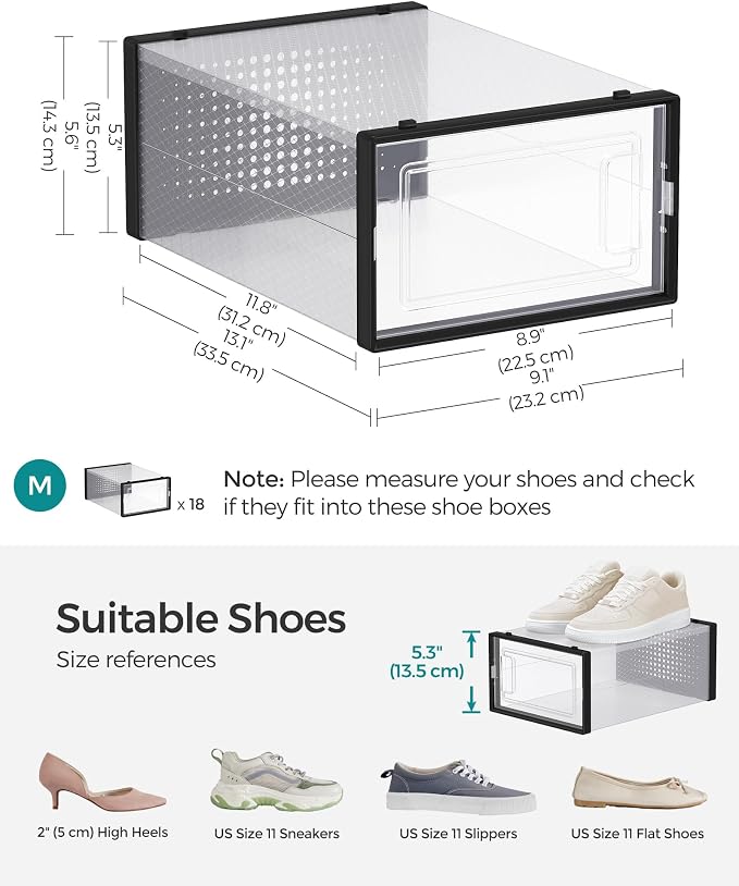 SONGMICS Shoe Boxes, Pack of 18 Shoe Storage Organizers, Stackable Clear Plastic Boxes for Closet, Sneakers, 13.1 x 9.1 x 5.6 Inches, Transparent and Black ULSP18SBKV1 - Image 6