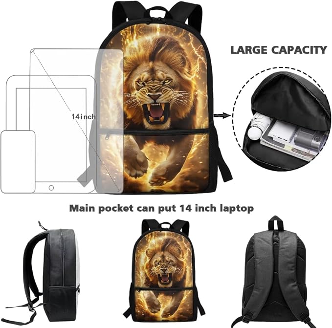 Lion Boys School Bag Yellow Backpack with Lunchbox Pencil Case and Bottle Holder Bookmark Set of 5 Printed Backpack Matching 5Pcs Bookbag Set for Girls - Image 4