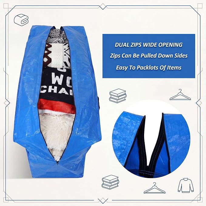 Windyun 4 Pack 195 Gallon Extra Large Moving Bags XXL Heavy Duty Storage Bag with Strong Zipper Handle Jumbo Big Tote Box Foldable for College Dorm Travel Clothes Duffle Blanket Pillow(Blue) - Image 3