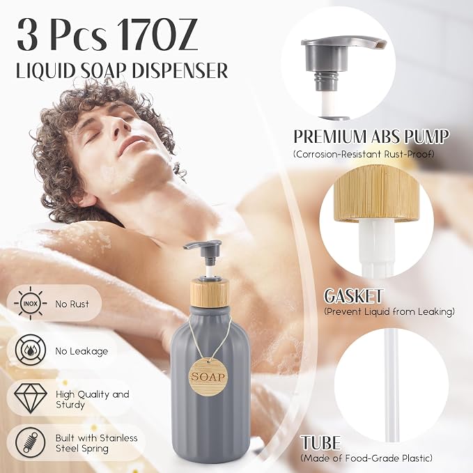 32PCS Grey Bathroom Accessories Set with Shower Curtain,Rugs,Trash Can,3PCS Lotion Soap Dispenser, Toothbrush Holder, Soap Dish,Tumbler Cup,6PCS Wood Tags Bath Accessories with Tray for Bathroom - Image 2