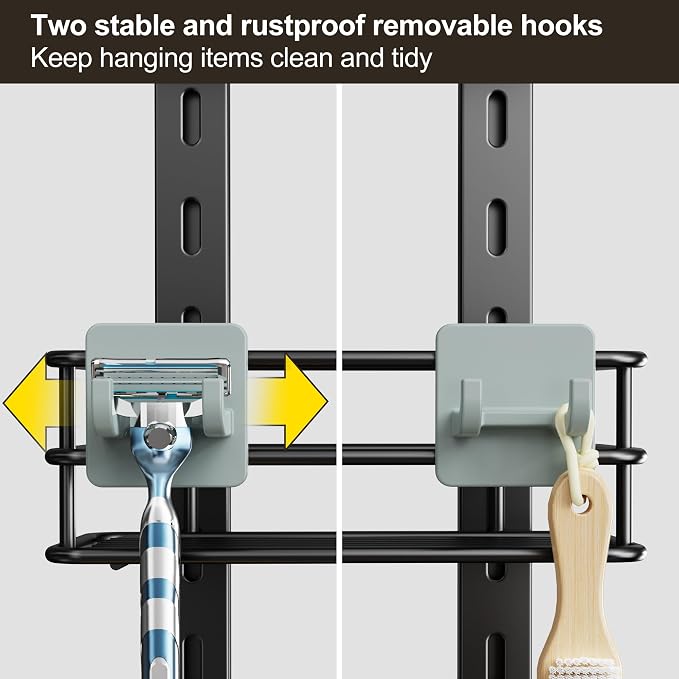 Orimade Adjustable Anti-slip Shower Caddy over Head, Rustproof Bathroom Hanging Organizer with 2 Hooks for Razor, No Drilling Shower Shelves Storage Rack 3 Tier, Black - Image 7