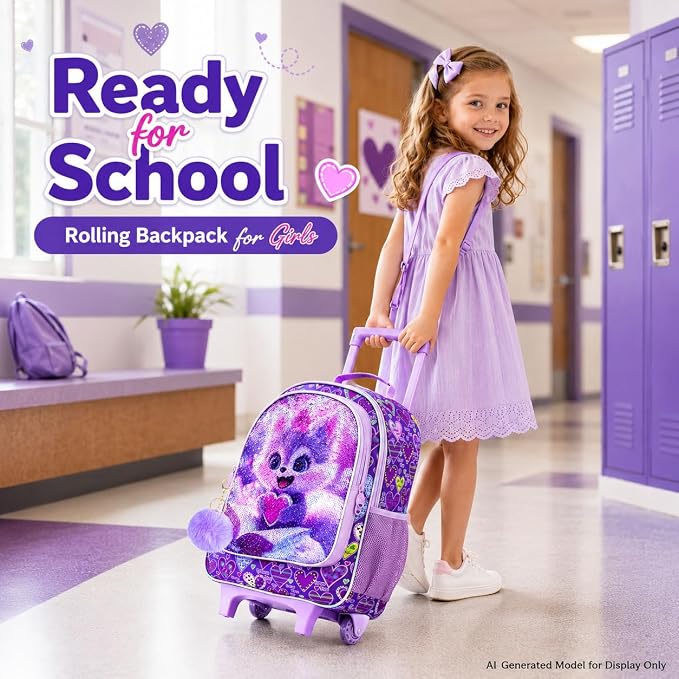 AGSDON 3PCS Rolling Backpack for Girls Boys, Kids Roller Wheels Bookbag, Wheeled School Bag with Lunch Bag - Image 2