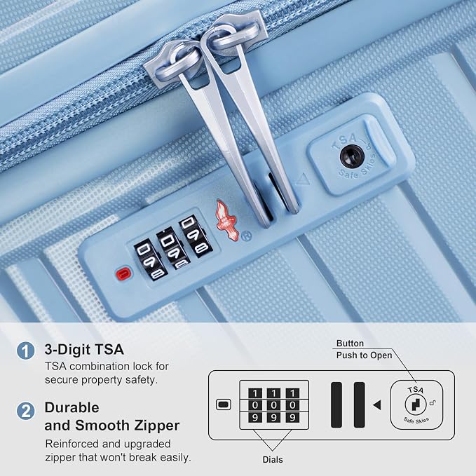 Karl home Luggage Sets 3 Piece, PP Hardshell Carry on Suitcase with Bags, Lightweight Suitcase Sets with Spinner Wheels TSA Lock Waterproof Rolling Luggage for Travel (3pcs, Sky Blue) - Image 5