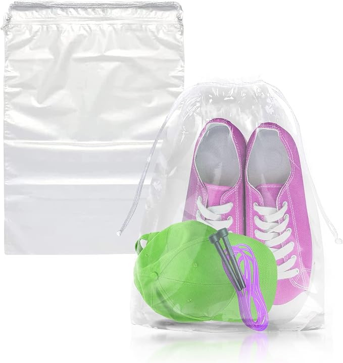 Clear Drawstring Bags, 12 x 18 Inch Plastic Shoe Bags with Cotton Drawstrings, Pack of 100 for Travel Storage and Packaging by PUREVACY