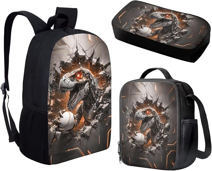 Forchrinse Kids Backpacks for Boys Ages 9-11 Dinosaur School Backpack with Lunch Box Pencil Case 3 Pcs Baseball Bookbag for Kindergarten Elementary Daypack - Image 2