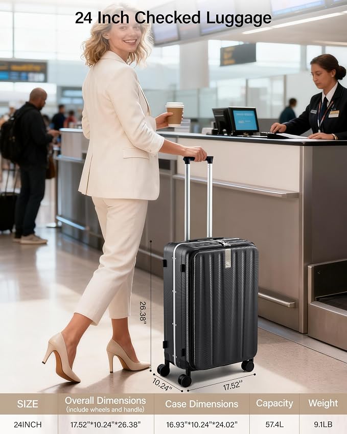 Hanke 24 Inch Checked Luggage PC Hard Shell Suitcases for Travel Front Opening Aluminum Frame Travel Luggage Rolling Suitcase with Wheels.(Jet Black) - Image 2