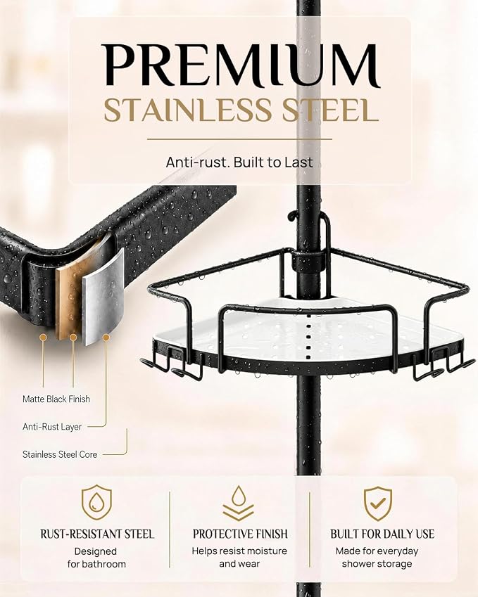 ALLZONE Corner Shower Caddy Tension Pole, 4 Hang-On Basket with Mixed-Height Shelves for Various Bottle Sizes, Extra Hooks & Soap Holder, Rustproof Stainless Steel, Fits 34–116 Inch, Black/White - Image 7