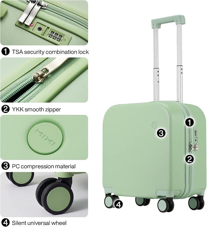 mixi Carry on Luggage, Suitcase with Spinner Wheels 16in Luggage Hardshell Lightweight Rolling Suitcases PC with Cover & TSA Lock, Avocado Green - Image 4