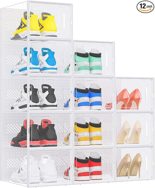 eWonLife Large Shoe Organizer Storage Box with Magnetic Door,12 Pack Clear Plastic Stackable Sneaker Containers for Closet, Connect Left and Right Shoe Box for Entryway, Drop Front, Under Bed (White) by EnjoyWonderfulLife-eWonLife