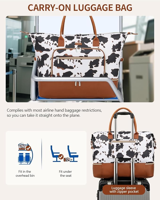 Weekender Bags for Women, Travel Duffle Bag Carry On Overnight Bag with Cosmetics Bag and Crossbody Purse for Gym Hospital, Gifts for Women, Cow Print Brown - Image 6