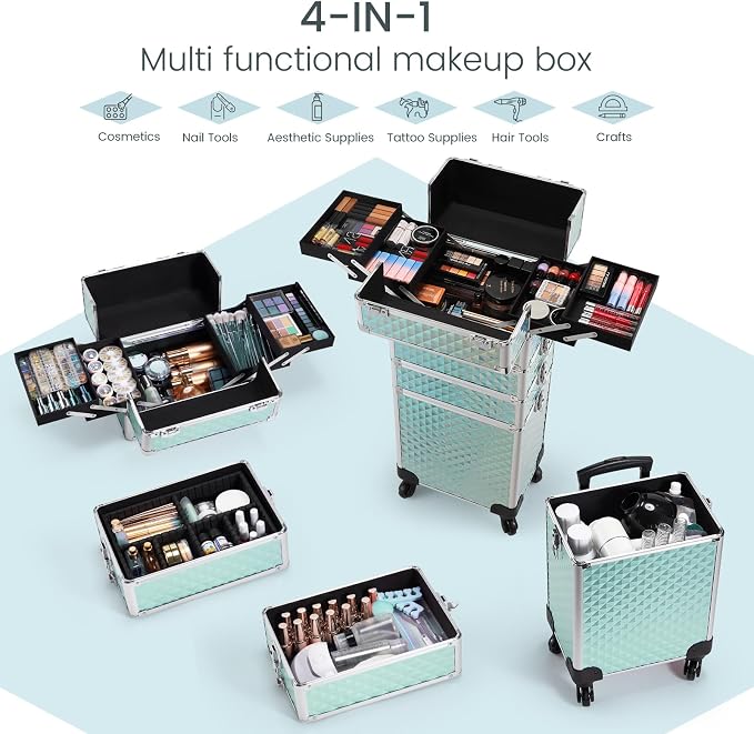 Faquenc Rolling Makeup Case with Wheels 4 in 1 Cosmetic Trolley and Cosmetology Cart Trunk for Makeup Artists Hairstylists Nail Techs Salons Large Capacity Turquoise - Image 6