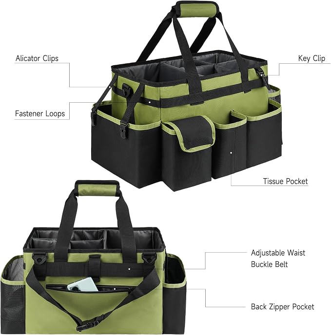 Cleaning Caddy,Large Cleaning Bags for Housekeepers,Cleaning Supplies Organizer with Handle,Green - Image 3