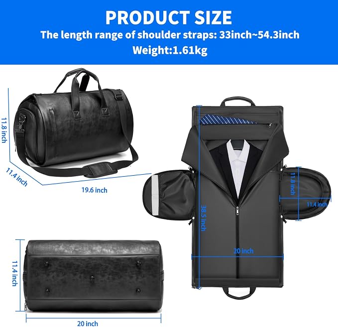 Leather Garment Bag，Convertible Garment Duffel Bag for Travel Mens Suit Bag 2 in 1 Waterproof Foldable Carry on Garment Bag with Shoulder Strap Weekender Bag with Shoe Pouch - Image 3