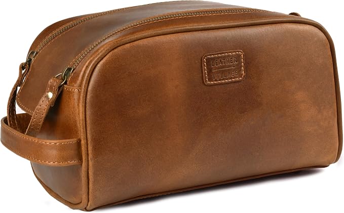 LEATHER VILLAGE Genuine Leather Toiletry Travel Bag With Waterproof Lining - Sun Tan | King-Size Handcrafted Vintage Dopp Kit Bag, Shaving & Bathroom Organizer, Gift for Men & Women - Image 2