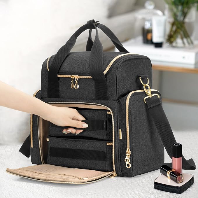 LUXJA Travel Makeup Bag with 2 Removable Makeup Cases, Black | Large Cosmetic Bag with Multiple Storage Sections, 3 Detachable Dividers, Detachable Shoulder Strap, Trolley Sleeve - Image 5