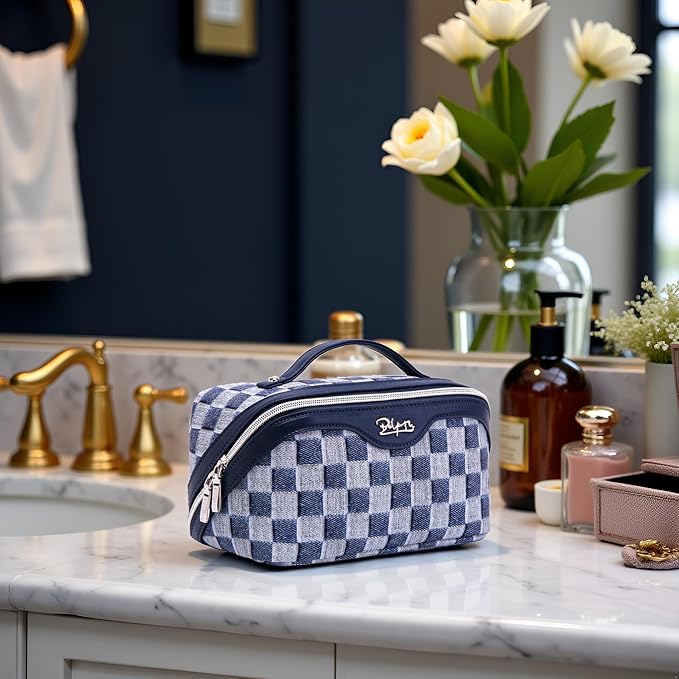 BOYATU Travel Makeup Bag for Women: Large Cosmetic Bag Set of 3 - PU Leather Make up Bag with Compartments - Compact Waterproof Toiletry Bag with Divider & Handle (D-5-Deep Blue) - Image 8