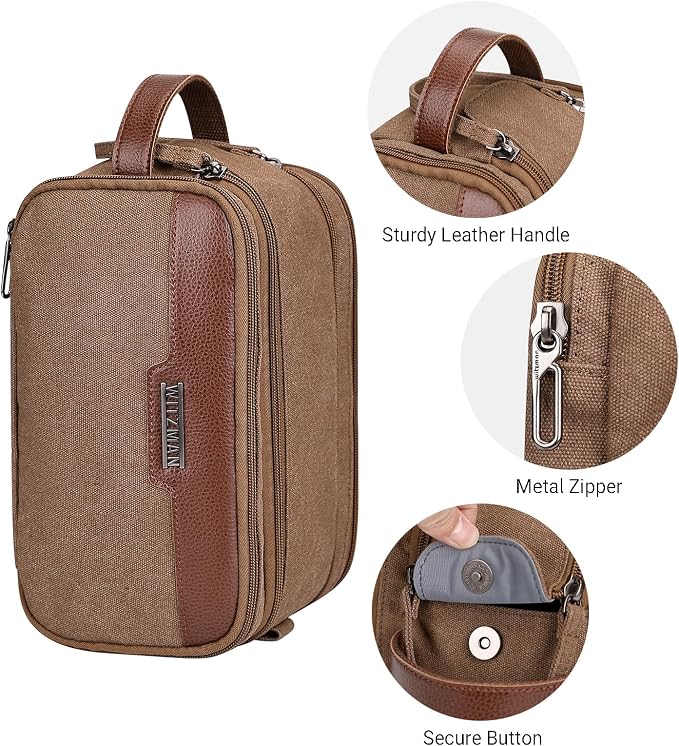 WITZMAN Canvas Toiletry Bag for Men Travel Toiletries Large 7L Dopp Kit | Multi-pockets with Dry-wet Pocket, Side Handle for Hanging, Lightweight, For Daily Use, Bathroom, Make up, A8002 Brown - Image 8