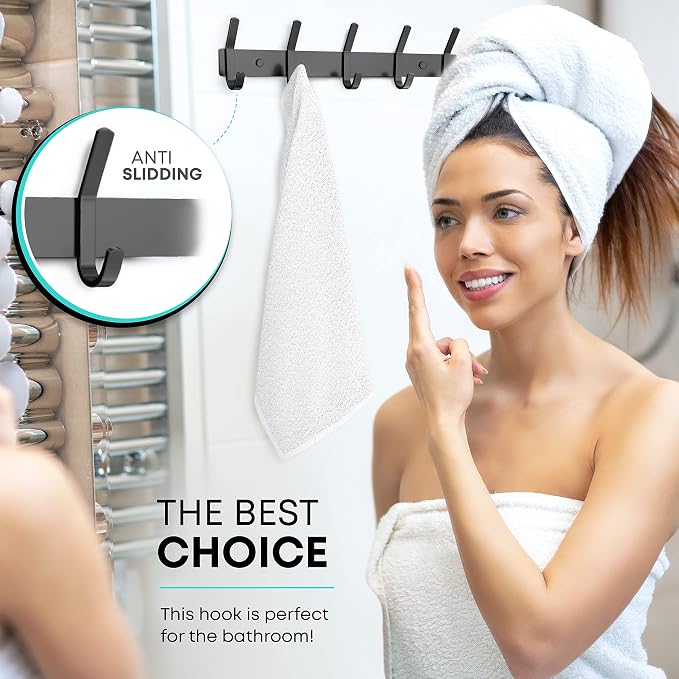Coat Rack Wall Mount – 15 Inch Stainless Steel Hook Rail with 5 Double Coat Hooks for Hanging – Wall Mounted Entryway Organizer for Coats, Hats, Bags, Towels, Robes, Bedroom or Bathroom - Black - Image 5