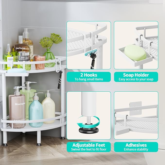 HapiRm Standing Corner Shower Caddy - 2 Tier Shower Organizer Corner with Soap Holder and 4 Hooks, Rustproof Bathroom Storage Shelves with Adhesives, White - Image 3