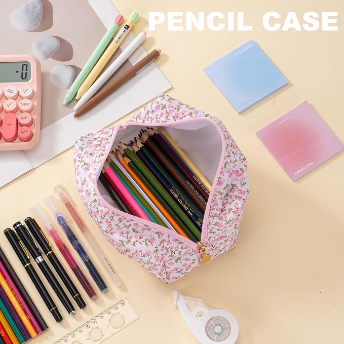 Makeup Bag Travel Toiletry Bag for Women, Small Cosmetic Bags Cute Quilted Cotton Makeup Pouch for Purse Emergency Bag Floral Pencil Case Accessory Bag, Pink - Image 6