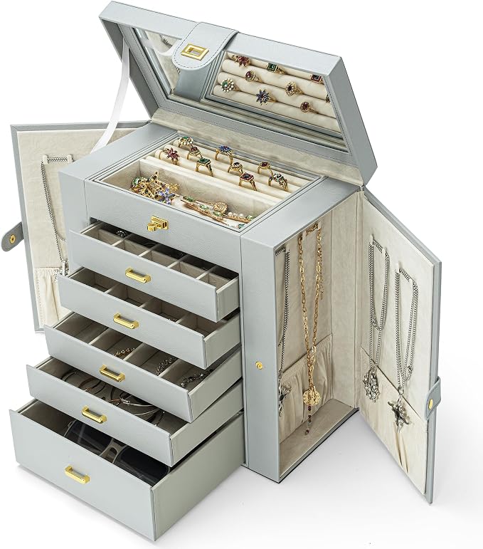 AKOZLIN 6-Tier Jewelry Box Organizer Functional 5 Drawers Leather Jewelry Storage Case for Women Girls Ring Necklace Earring Bracelet Holder Organizer with Mirror Extra Large Grey - Image 5