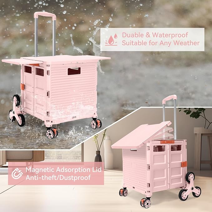 Foldable Utility Cart Portable Crate Rolling Dolly with Telescopic Handle,Can be Pulled diagonally, Magnetic Retractable Lid, 360°Swivel Climbing Wheels for Shopping Carrying Groceries Move Pink - Image 5