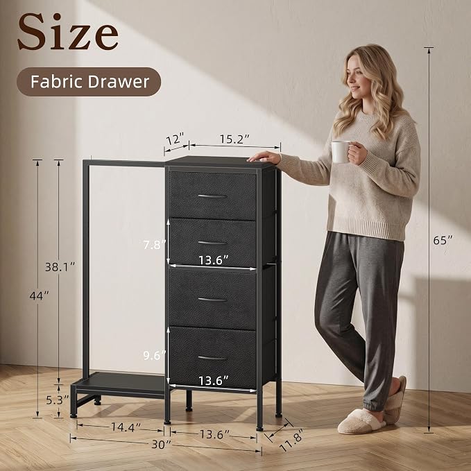HIGDBFE Tall Dresser 44''H with Hanging Rack, 4 Drawers Small Closet Dresser for Bedroom, Reversible Fabric Chest of Drawers with Clothes Rack, Tall Storage Tower, Sturdy Frame, Black - Image 2