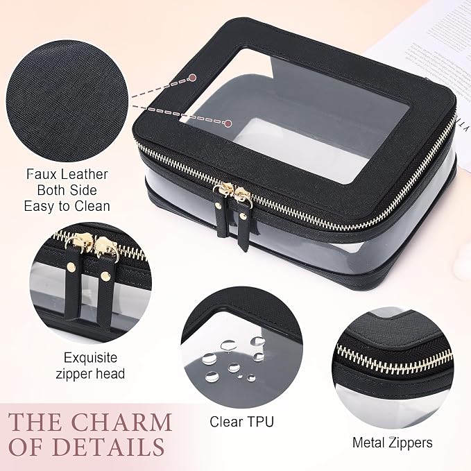 Pinkmik Clear Makeup Bag with Brush Case Travel Toiletry Bag Waterproof Cosmetic Organizer Car Essentials for Women (Black, M+SLIM-1) - Image 5