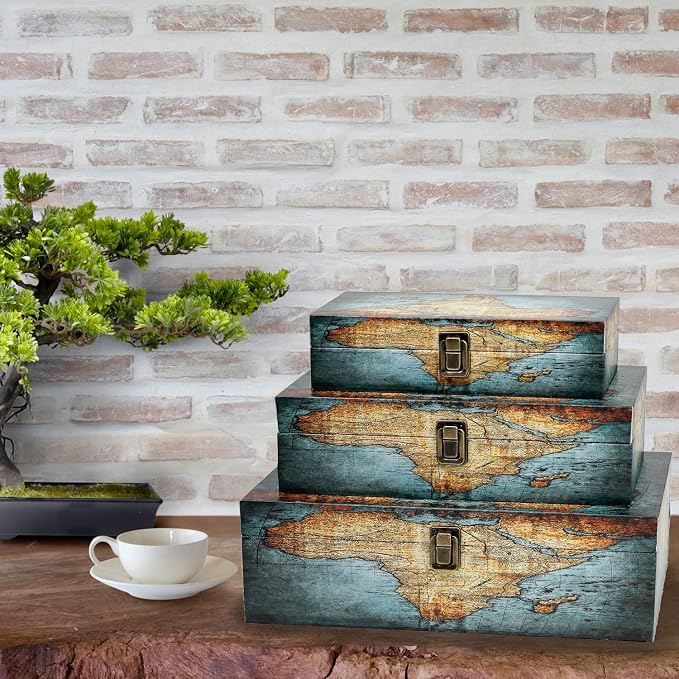 Jolitac Wood Storage Box Set of 3, Vintage Decorative Nesting Boxes Wooden Treasure Storage Crates With Latch, Home Decor Rustic Antique Boxes With Lid for Photos, Jewelry, Cash (Rectangle- Map) - Image 5