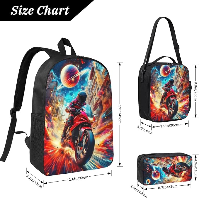 Motorcycle Kid Backpack Set with Lunch Bag & Pencil Case Large Capacity School Bag 17 Inch Bookbag for Boy Girl - Image 3