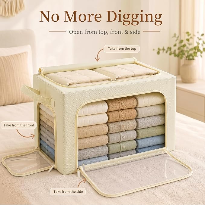 GoMaihe 3 Opening Clothes Storage Bins with Metal Frame, 66L Blanket Storage Organizer for Walk-in Closet Large Storage Boxes with Clear Window for Bedding Winter Clothing 3-Pack Beige - Image 2