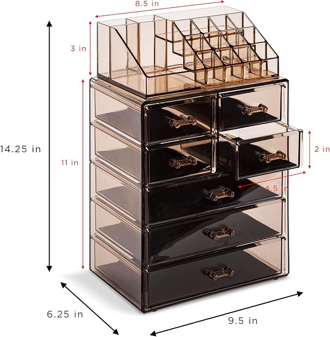Sorbus Acrylic Makeup Organizer Set, 7-Drawer Vanity & Countertop Cosmetic Storage with Small & Wide Compartments, Bronze Glow Makeup Storage for Brushes, Jewelry – Holiday Gift for Women & Teens - Image 3