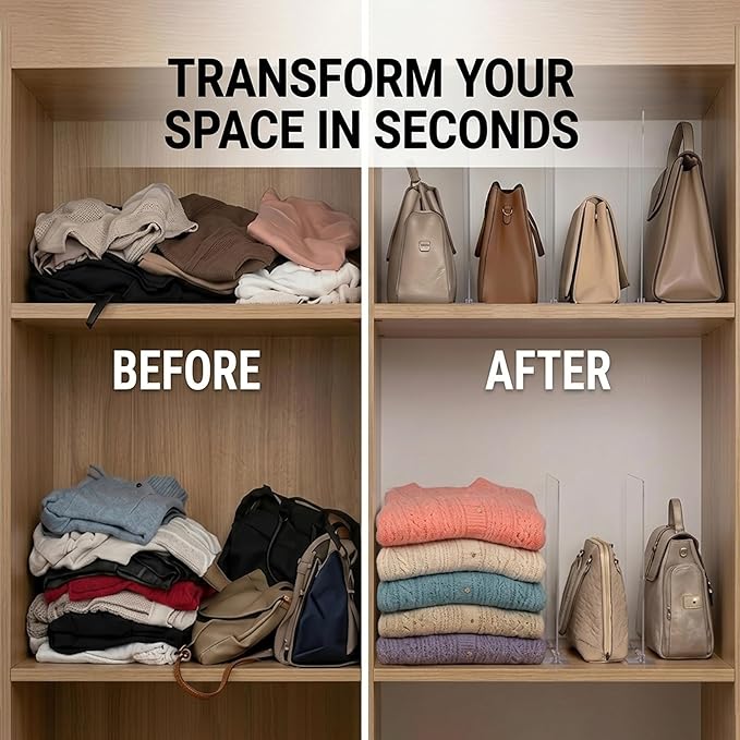 Acrylic Shelf Dividers for Closet Organization: 8 Pack Clear Removable 10/11.8" Tall X 11.8/10" Deep Clipless Separators for All Cabinets, Vertical Adjustable Storage Clothes, Purse, Bag Organizer - Image 6