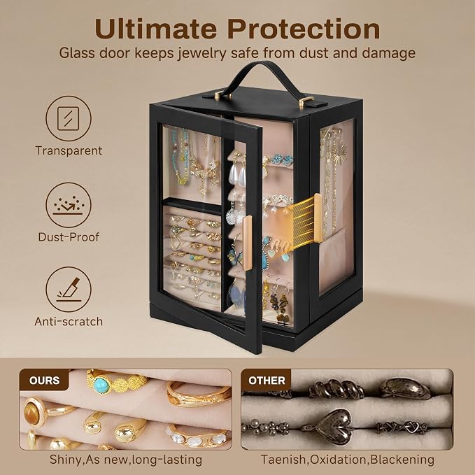 360° Rotating 5‑Drawers Jewelry Box with Top Handle & Glass Window, Spacious Vertical Jewelry Organizer, Jewelry Storage Case, Dustproof & Moisture‑resistant Design, Black - Image 6