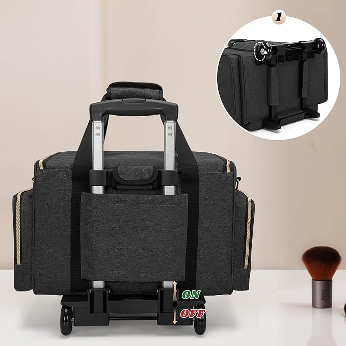 LUXJA Rolling Makeup Case with 3 Removable Makeup Bags and 1 Brush Holder | Large Cosmetic Bag with Detachable Shoulder Strap and Dolly, Professional Train Case with Multiple Storage Pockets, Black - Image 5